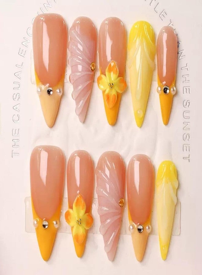 Maigitur 100% 5D Handmade Press on Nails with Charms Long Stiletto Nails Press ons- Water Ripple False Nails Ombre Orange Yellow Press on Nails Summer Fake Nails for Women Girls Daily Wear DIY Manicure Size M - Image 1
